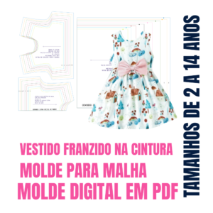 Molde 68 vestido franzido na cintura para malha